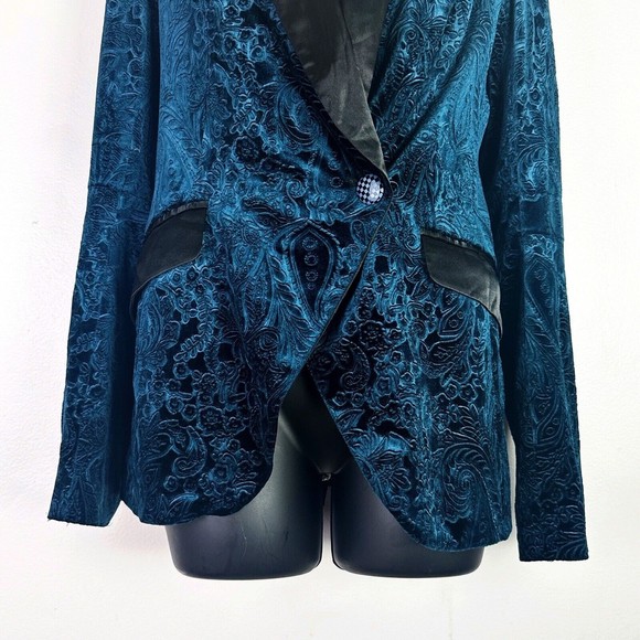 Iijin Paisley Velvet One Button Tuxedo Teal With Black Lapels  S jacket blazer - Picture 4 of 11